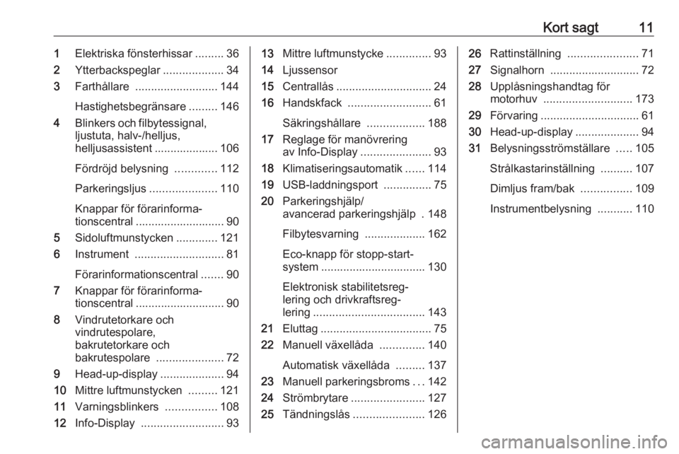 OPEL CROSSLAND X 2017.75  Instruktionsbok Kort sagt111Elektriska fönsterhissar .........36
2 Ytterbackspeglar ...................34
3 Farthållare  .......................... 144
Hastighetsbegränsare .........146
4 Blinkers och filbytessign