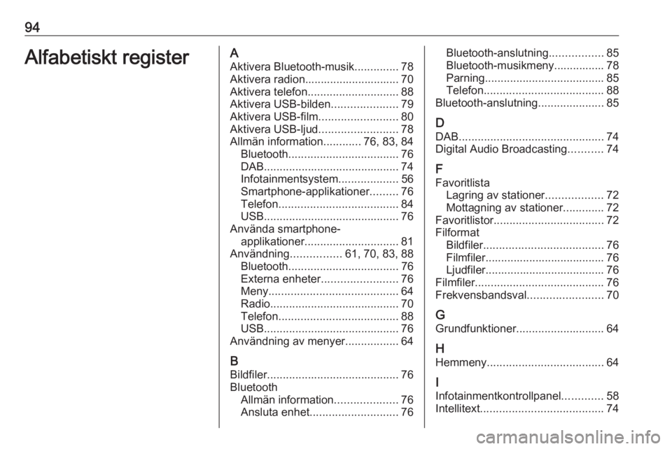 OPEL CROSSLAND X 2018 Handbok för infotainmentsystem 94Alfabetiskt registerAAktivera Bluetooth-musik ..............78
Aktivera radion.............................. 70
Aktivera telefon ............................. 88
Aktivera USB-bilden ................ OPEL CROSSLAND X 2018 Handbok för infotainmentsystem 94Alfabetiskt registerAAktivera Bluetooth-musik ..............78
Aktivera radion.............................. 70
Aktivera telefon ............................. 88
Aktivera USB-bilden ................