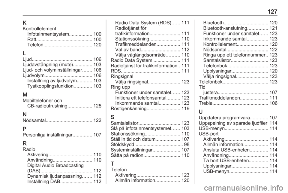 OPEL CROSSLAND X 2018.5  Handbok för infotainmentsystem 127KKontrollelement Infotainmentsystem .................100
Ratt.......................................... 100
Telefon .................................... 120
L
Ljud .................................