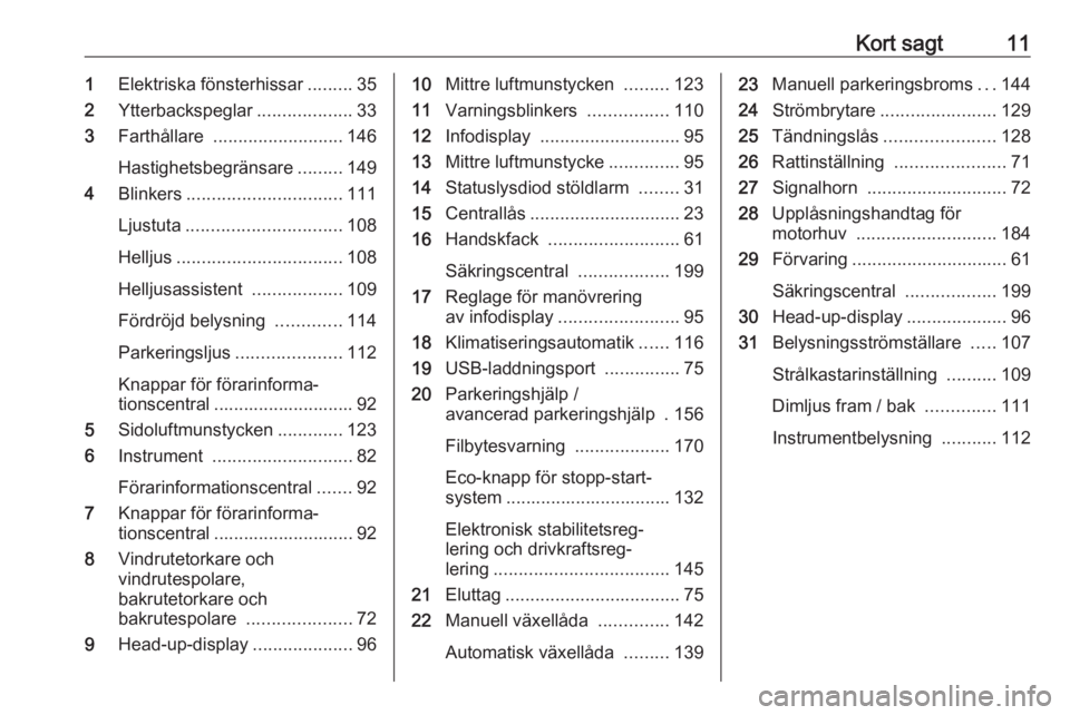 OPEL CROSSLAND X 2018.5  Instruktionsbok Kort sagt111Elektriska fönsterhissar .........35
2 Ytterbackspeglar ...................33
3 Farthållare  .......................... 146
Hastighetsbegränsare .........149
4 Blinkers ................