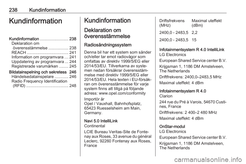 OPEL CROSSLAND X 2018.5 Instruktionsbok 238KundinformationKundinformationKundinformation........................238
Deklaration om överensstämmelse .................238
REACH .................................... 241
Information om program OPEL CROSSLAND X 2018.5 Instruktionsbok 238KundinformationKundinformationKundinformation........................238
Deklaration om överensstämmelse .................238
REACH .................................... 241
Information om program