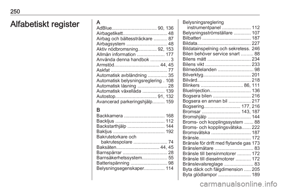 OPEL CROSSLAND X 2018.5  Instruktionsbok 250Alfabetiskt registerAAdBlue .................................. 90, 136
Airbagetikett.................................. 48
Airbag och bältessträckare  ..........87
Airbagsystem  ..................