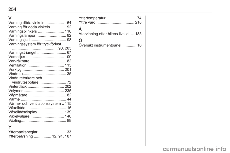 OPEL CROSSLAND X 2018.5  Instruktionsbok 254VVarning döda vinkeln ..................164
Varning för döda vinkeln ...............92
Varningsblinkers  ........................110
Varningslampor ............................ 82
Varningsljud  