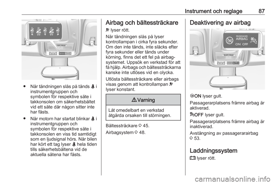 OPEL CROSSLAND X 2018.5  Instruktionsbok Instrument och reglage87
●När tändningen slås på tänds  X i
instrumentgruppen och
symbolen för respektive säte i
takkonsolen om säkerhetsbältet
vid ett säte där någon sitter inte
har fä