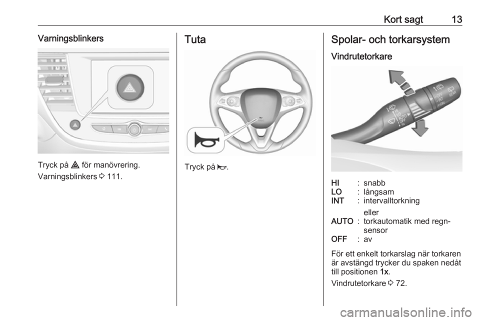 OPEL CROSSLAND X 2019  Instruktionsbok Kort sagt13Varningsblinkers
Tryck på ¨ för manövrering.
Varningsblinkers  3 111.
Tuta
Tryck på  j.
Spolar- och torkarsystem
VindrutetorkareHI:snabbLO:långsamINT:intervalltorkning
ellerAUTO:torka