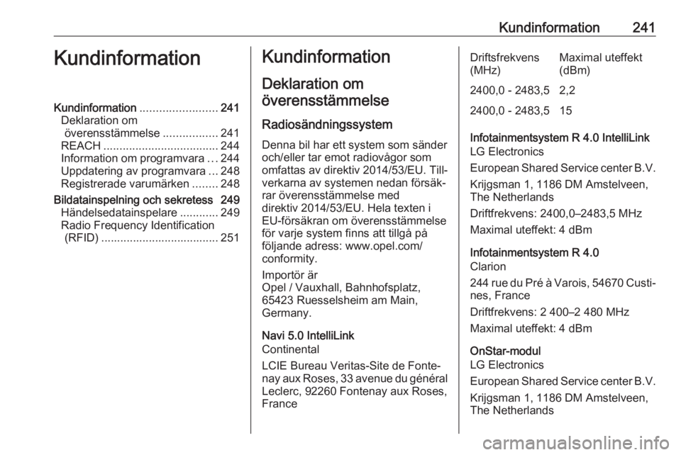 OPEL CROSSLAND X 2019  Instruktionsbok Kundinformation241KundinformationKundinformation........................241
Deklaration om överensstämmelse .................241
REACH .................................... 244
Information om program