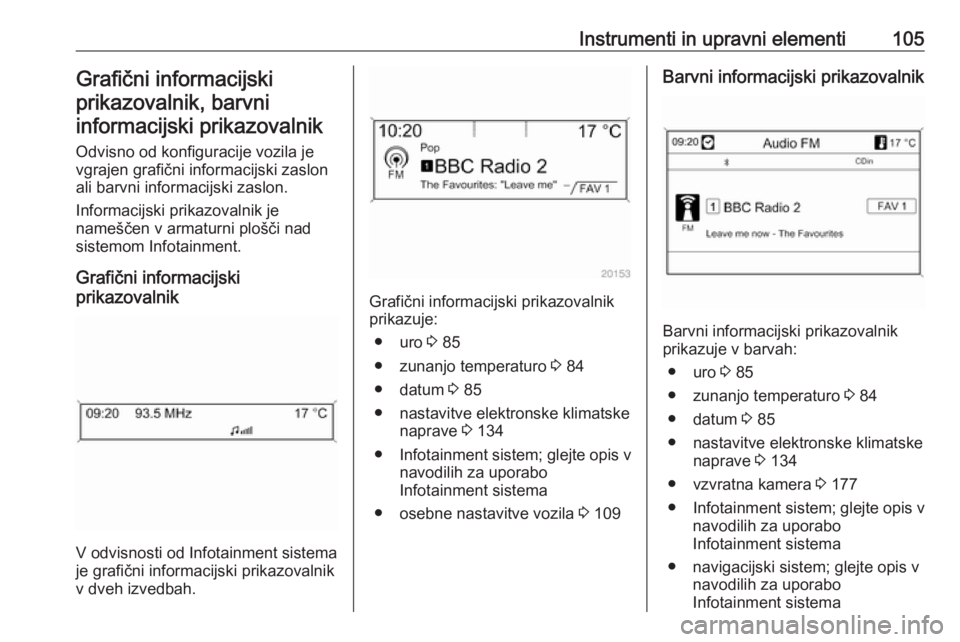 OPEL CASCADA 2016  Uporabniški priročnik Instrumenti in upravni elementi105Grafični informacijskiprikazovalnik, barvniinformacijski prikazovalnik
Odvisno od konfiguracije vozila je
vgrajen grafični informacijski zaslon
ali barvni informaci