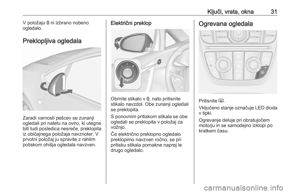 OPEL CASCADA 2016  Uporabniški priročnik Ključi, vrata, okna31V položaju 0 ni izbrano nobeno
ogledalo.
Preklopljiva ogledala
Zaradi varnosti pešcev se zunanji
ogledali pri naletu na oviro, ki utegne
biti tudi posledica nesreče, preklopit