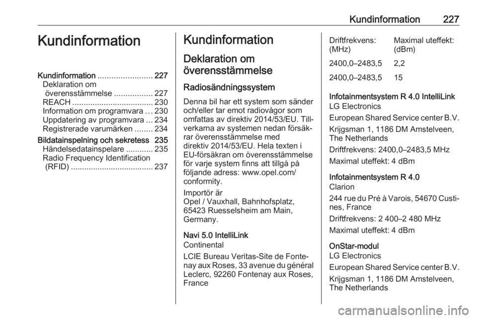 OPEL CROSSLAND X 2019.75  Instruktionsbok Kundinformation227KundinformationKundinformation........................227
Deklaration om överensstämmelse .................227
REACH .................................... 230
Information om program