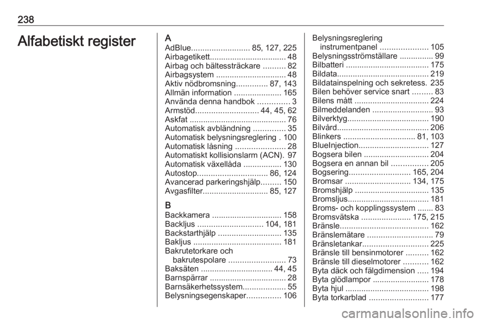 OPEL CROSSLAND X 2019.75  Instruktionsbok 238Alfabetiskt registerAAdBlue .......................... 85, 127, 225
Airbagetikett.................................. 48
Airbag och bältessträckare  ..........82
Airbagsystem  .....................
