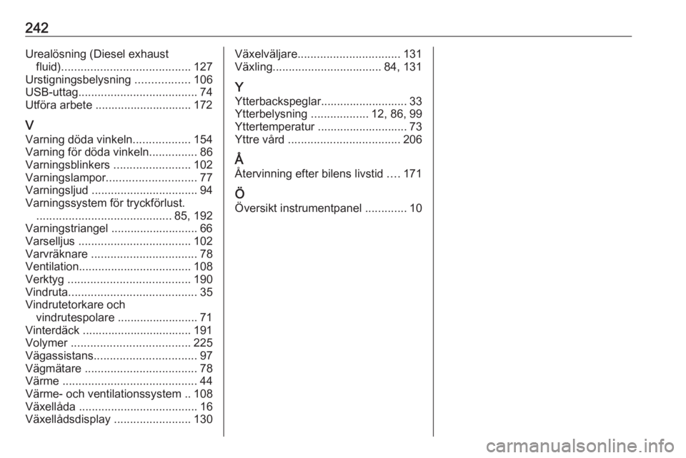 OPEL CROSSLAND X 2019.75  Instruktionsbok 242Urealösning (Diesel exhaustfluid) ........................................ 127
Urstigningsbelysning  .................106
USB-uttag ..................................... 74
Utföra arbete ........