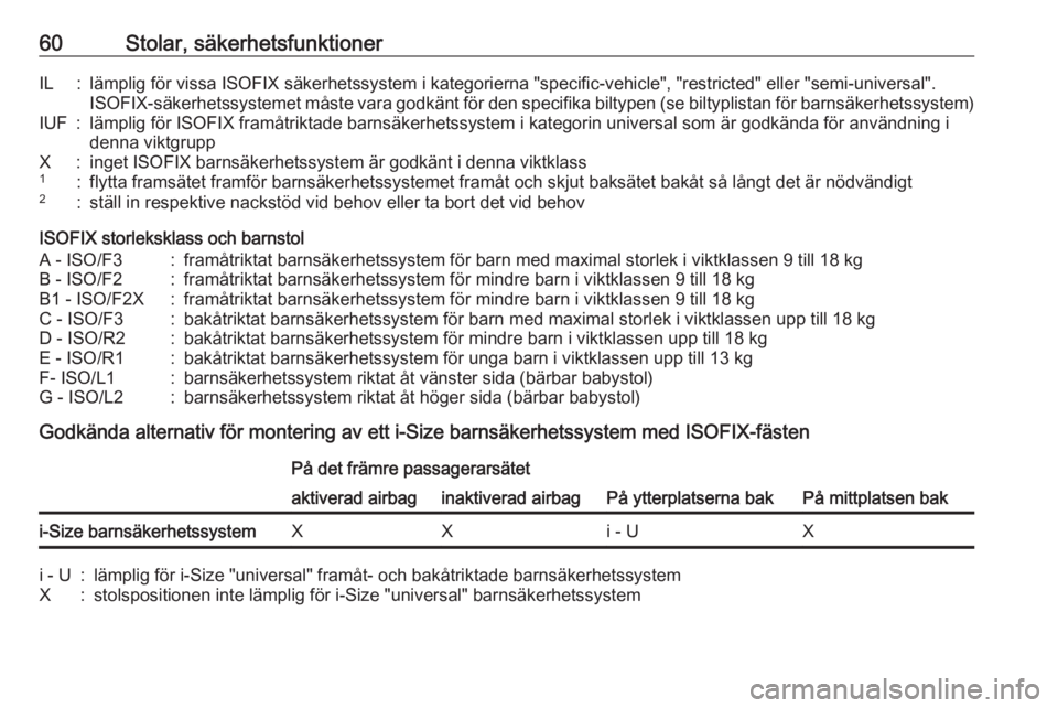OPEL CROSSLAND X 2019.75  Instruktionsbok 60Stolar, säkerhetsfunktionerIL:lämplig för vissa ISOFIX säkerhetssystem i kategorierna "specific-vehicle", "restricted" eller "semi-universal".ISOFIX-säkerhetssystemet m�
