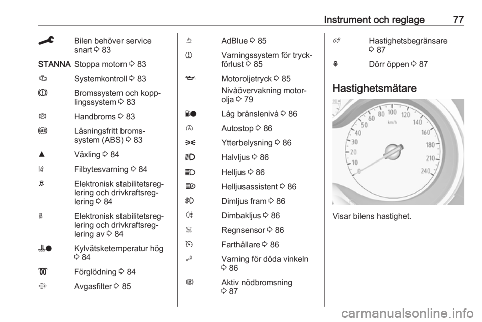 OPEL CROSSLAND X 2019.75  Instruktionsbok Instrument och reglage77CBilen behöver service
snart  3 83STANNAStoppa motorn  3 83JSystemkontroll  3 83RBromssystem och kopp‐
lingssystem  3 83mHandbroms  3 83uLåsningsfritt broms‐
system (ABS)