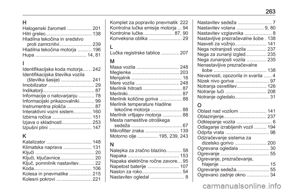 OPEL CASCADA 2016.5  Uporabniški priročnik 263HHalogenski žarometi  ..................201
Hitri grelec .................................. 138
Hladilna tekočina in sredstvo proti zamrznitvi ........................ 239
Hladilna tekočina moto