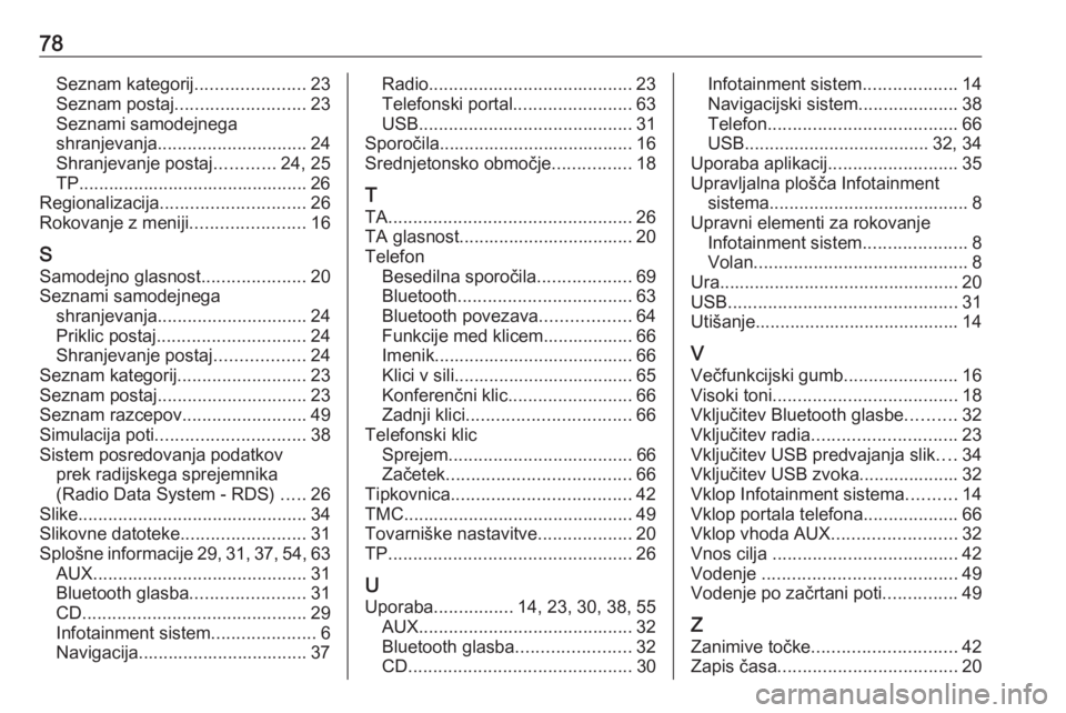 OPEL CASCADA 2017  Navodila za uporabo Infotainment sistema 78Seznam kategorij......................23
Seznam postaj .......................... 23
Seznami samodejnega
shranjevanja .............................. 24
Shranjevanje postaj ............24, 25
TP.....