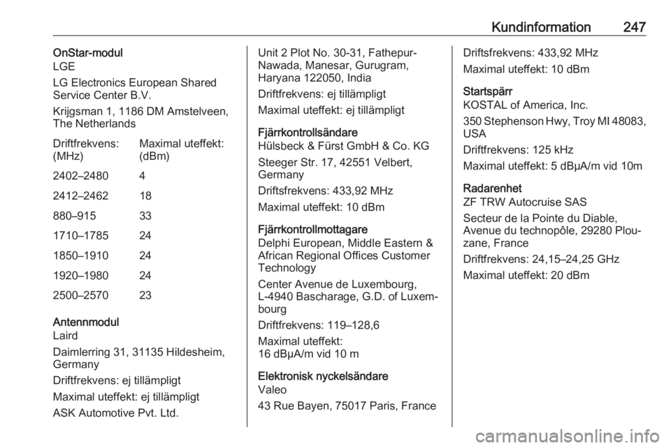OPEL GRANDLAND X 2018 Instruktionsbok Kundinformation247OnStar-modul
LGE
LG Electronics European Shared
Service Center B.V.
Krijgsman 1, 1186 DM Amstelveen,
The NetherlandsDriftfrekvens:
(MHz)Maximal uteffekt:
(dBm)2402–248042412–2462 OPEL GRANDLAND X 2018 Instruktionsbok Kundinformation247OnStar-modul
LGE
LG Electronics European Shared
Service Center B.V.
Krijgsman 1, 1186 DM Amstelveen,
The NetherlandsDriftfrekvens:
(MHz)Maximal uteffekt:
(dBm)2402–248042412–2462