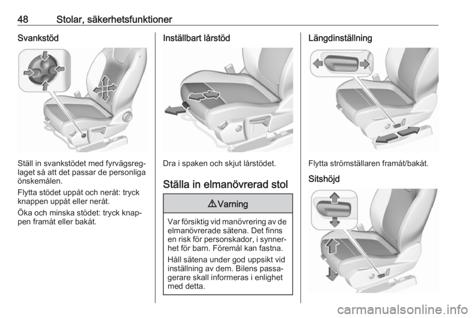 OPEL GRANDLAND X 2018  Instruktionsbok 48Stolar, säkerhetsfunktionerSvankstöd
Ställ in svankstödet med fyrvägsreg‐
laget så att det passar de personliga
önskemålen.
Flytta stödet uppåt och neråt: tryck
knappen uppåt eller ner