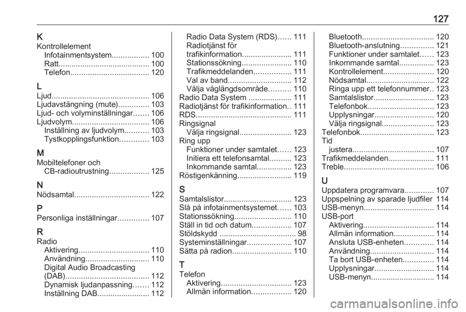 OPEL GRANDLAND X 2018.5  Handbok för infotainmentsystem 127KKontrollelement Infotainmentsystem .................100
Ratt.......................................... 100
Telefon .................................... 120
L
Ljud .................................