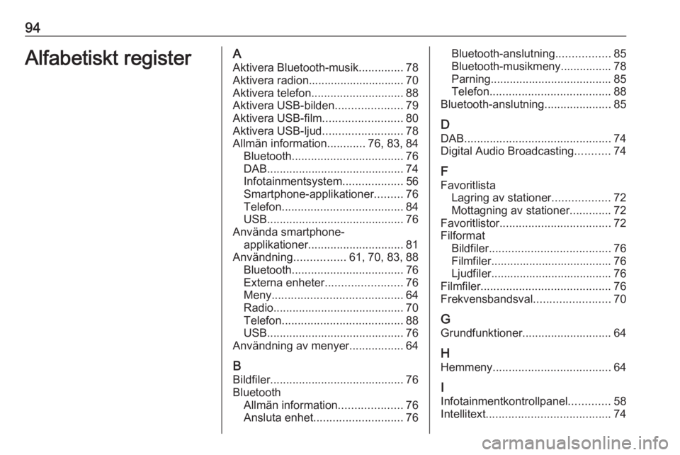 OPEL GRANDLAND X 2018.5  Handbok för infotainmentsystem 94Alfabetiskt registerAAktivera Bluetooth-musik ..............78
Aktivera radion.............................. 70
Aktivera telefon ............................. 88
Aktivera USB-bilden ................