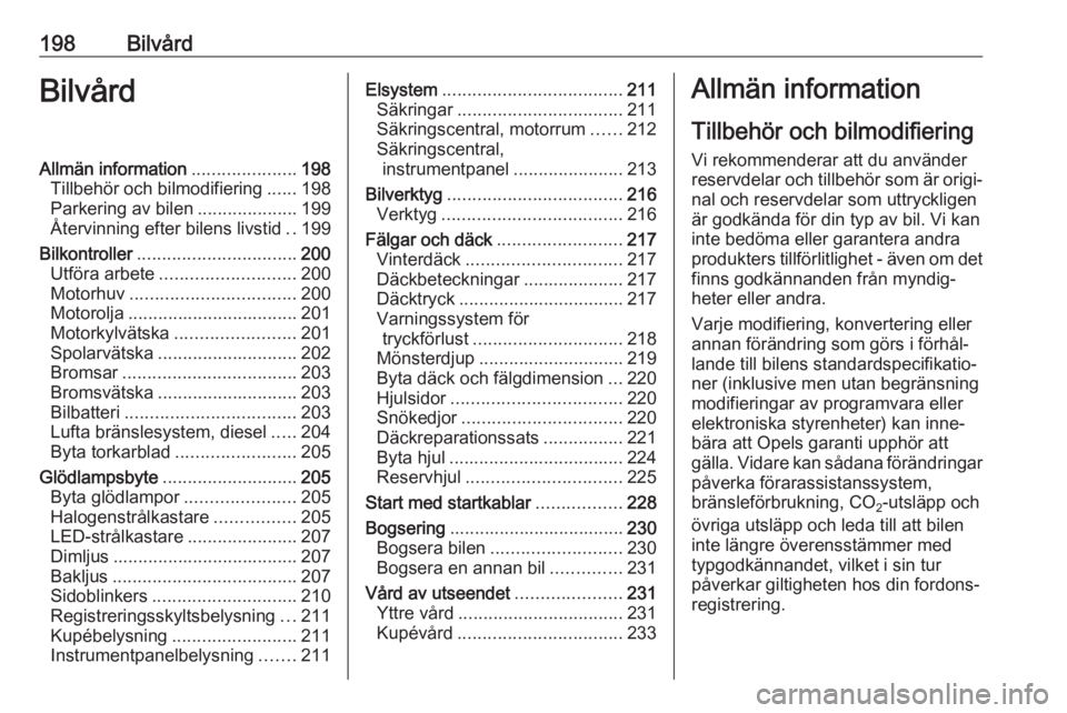 OPEL GRANDLAND X 2018.5  Instruktionsbok 198BilvårdBilvårdAllmän information.....................198
Tillbehör och bilmodifiering ......198
Parkering av bilen ....................199
Återvinning efter bilens livstid ..199
Bilkontroller 