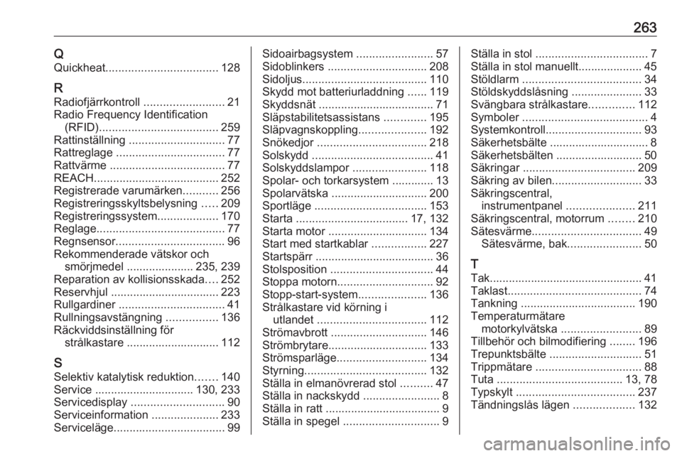OPEL GRANDLAND X 2018.75  Instruktionsbok 263QQuickheat ................................... 128
R
Radiofjärrkontroll  .........................21
Radio Frequency Identification (RFID) ..................................... 259
Rattinställnin