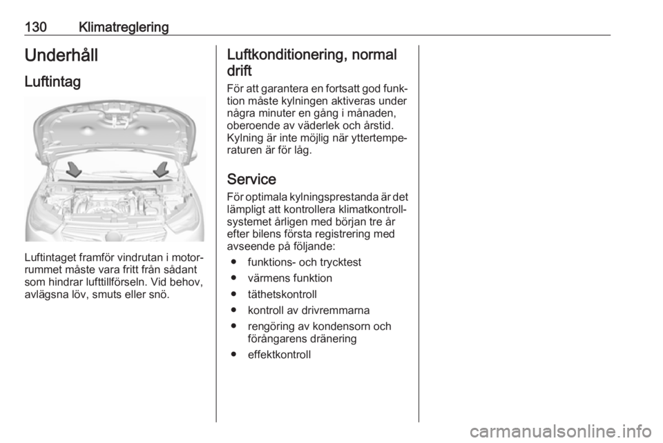 OPEL GRANDLAND X 2019  Instruktionsbok 130KlimatregleringUnderhållLuftintag
Luftintaget framför vindrutan i motor‐
rummet måste vara fritt från sådant
som hindrar lufttillförseln. Vid behov,
avlägsna löv, smuts eller snö.
Luftko
