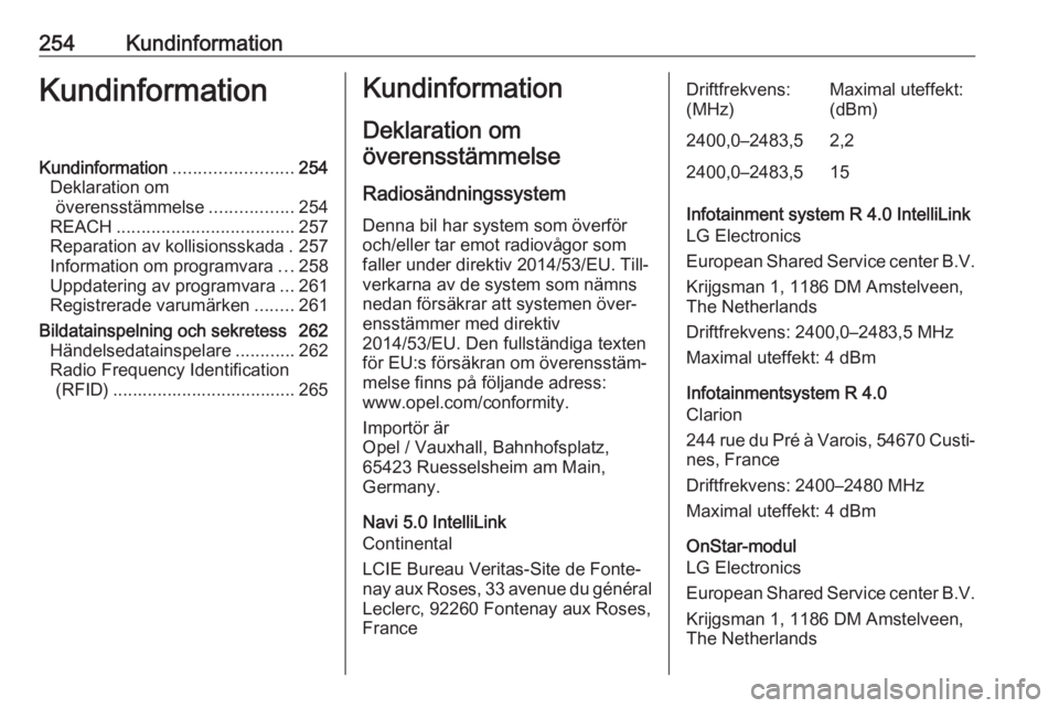 OPEL GRANDLAND X 2019  Instruktionsbok 254KundinformationKundinformationKundinformation........................254
Deklaration om överensstämmelse .................254
REACH .................................... 257
Reparation av kollisio