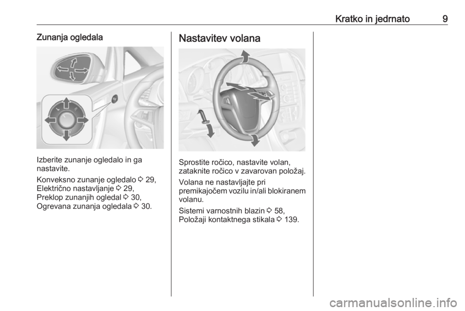 OPEL CASCADA 2018  Uporabniški priročnik Kratko in jedrnato9Zunanja ogledala
Izberite zunanje ogledalo in ga
nastavite.
Konveksno zunanje ogledalo  3 29,
Električno nastavljanje  3 29,
Preklop zunanjih ogledal  3 30,
Ogrevana zunanja ogleda
