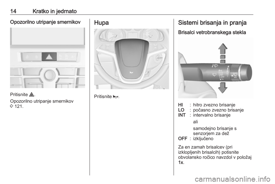 OPEL CASCADA 2018  Uporabniški priročnik 14Kratko in jedrnatoOpozorilno utripanje smernikov
Pritisnite ¨.
Opozorilno utripanje smernikov
3  121.
Hupa
Pritisnite  j.
Sistemi brisanja in pranja
Brisalci vetrobranskega steklaHI:hitro zvezno br
