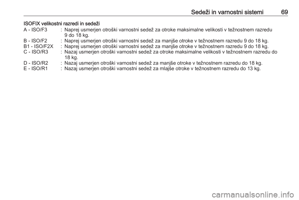 OPEL CASCADA 2018  Uporabniški priročnik Sedeži in varnostni sistemi69ISOFIX velikostni razredi in sedežiA - ISO/F3:Naprej usmerjen otroški varnostni sedež za otroke maksimalne velikosti v težnostnem razredu9 do 18 kg.B - ISO/F2:Naprej 