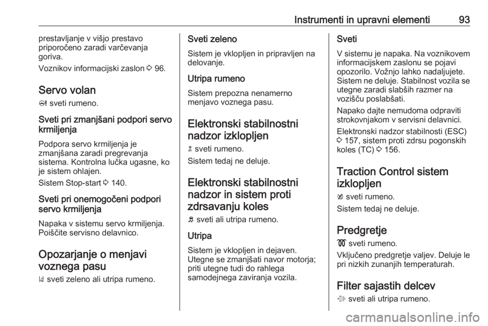 OPEL CASCADA 2018  Uporabniški priročnik Instrumenti in upravni elementi93prestavljanje v višjo prestavo
priporočeno zaradi varčevanja
goriva.
Voznikov informacijski zaslon  3 96.
Servo volan c  sveti rumeno.
Sveti pri zmanjšani podpori 