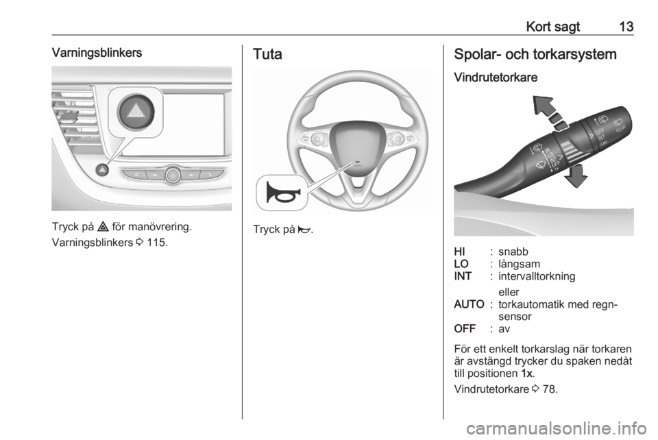 OPEL GRANDLAND X 2020  Instruktionsbok Kort sagt13Varningsblinkers
Tryck på ¨ för manövrering.
Varningsblinkers  3 115.
Tuta
Tryck på  j.
Spolar- och torkarsystem
VindrutetorkareHI:snabbLO:långsamINT:intervalltorkning
ellerAUTO:torka