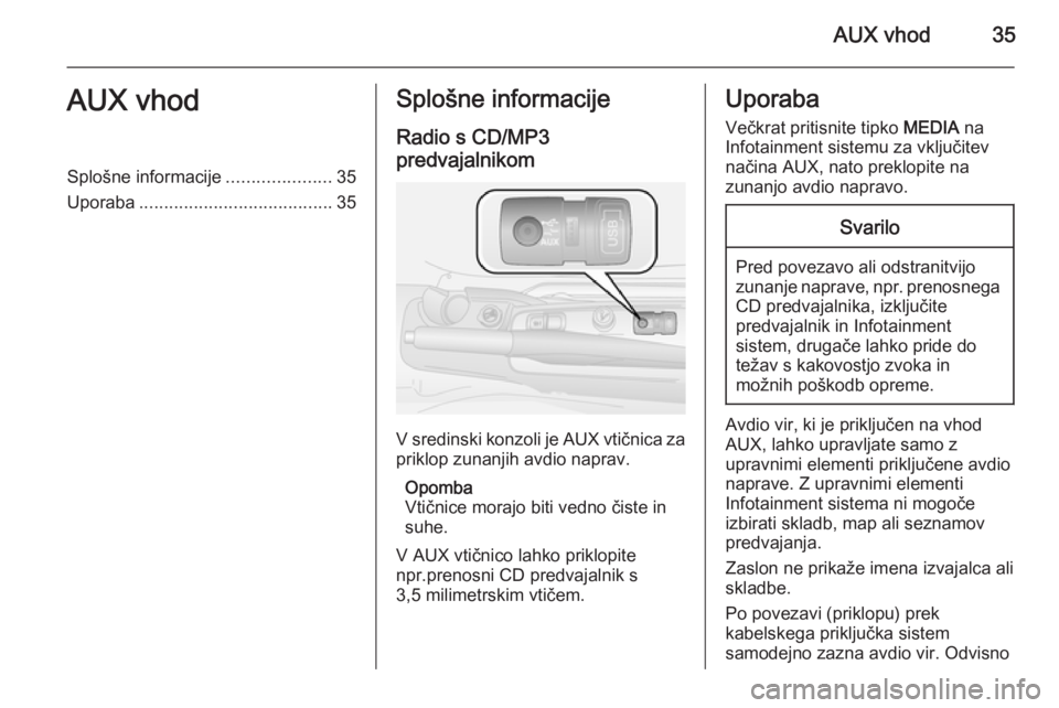 OPEL COMBO 2015 Navodila za uporabo Infotainment sistema AUX vhod35AUX vhodSplošne informacije.....................35
Uporaba ....................................... 35Splošne informacije
Radio s CD/MP3
predvajalnikom
V sredinski konzoli je AUX vtičnica OPEL COMBO 2015 Navodila za uporabo Infotainment sistema AUX vhod35AUX vhodSplošne informacije.....................35
Uporaba ....................................... 35Splošne informacije
Radio s CD/MP3
predvajalnikom
V sredinski konzoli je AUX vtičnica