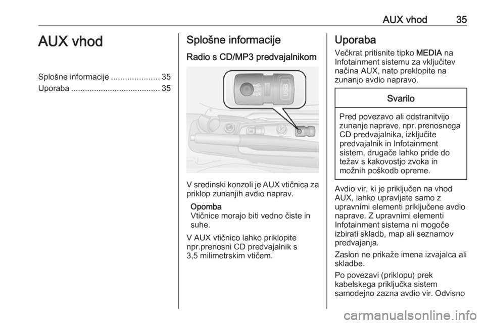 OPEL COMBO 2016 Navodila za uporabo Infotainment sistema AUX vhod35AUX vhodSplošne informacije.....................35
Uporaba ....................................... 35Splošne informacije
Radio s CD/MP3 predvajalnikom
V sredinski konzoli je AUX vtičnica OPEL COMBO 2016 Navodila za uporabo Infotainment sistema AUX vhod35AUX vhodSplošne informacije.....................35
Uporaba ....................................... 35Splošne informacije
Radio s CD/MP3 predvajalnikom
V sredinski konzoli je AUX vtičnica