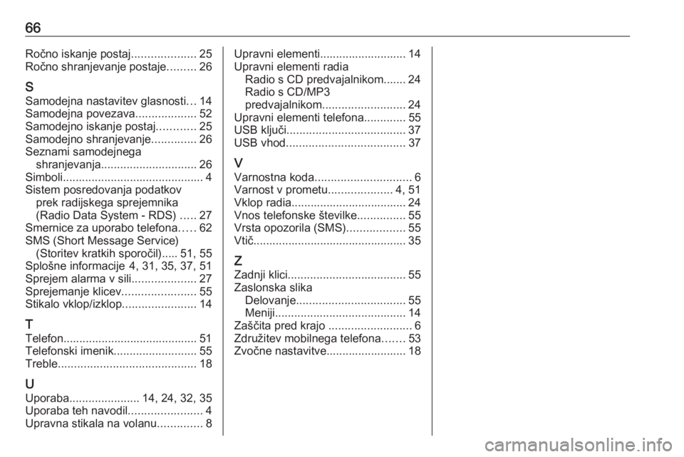 OPEL COMBO 2016  Navodila za uporabo Infotainment sistema 66Ročno iskanje postaj....................25
Ročno shranjevanje postaje .........26
S Samodejna nastavitev glasnosti ...14
Samodejna povezava ...................52
Samodejno iskanje postaj .........