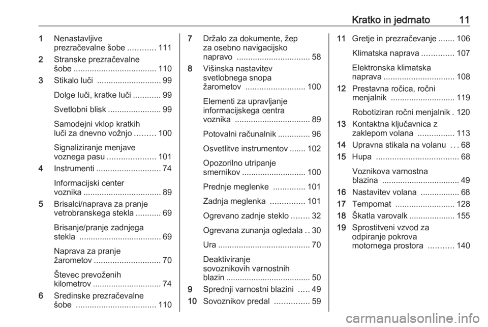 OPEL COMBO 2017  Uporabniški priročnik Kratko in jedrnato111Nenastavljive
prezračevalne šobe ............111
2 Stranske prezračevalne
šobe .................................... 110
3 Stikalo luči  ............................ 99
Dolge 