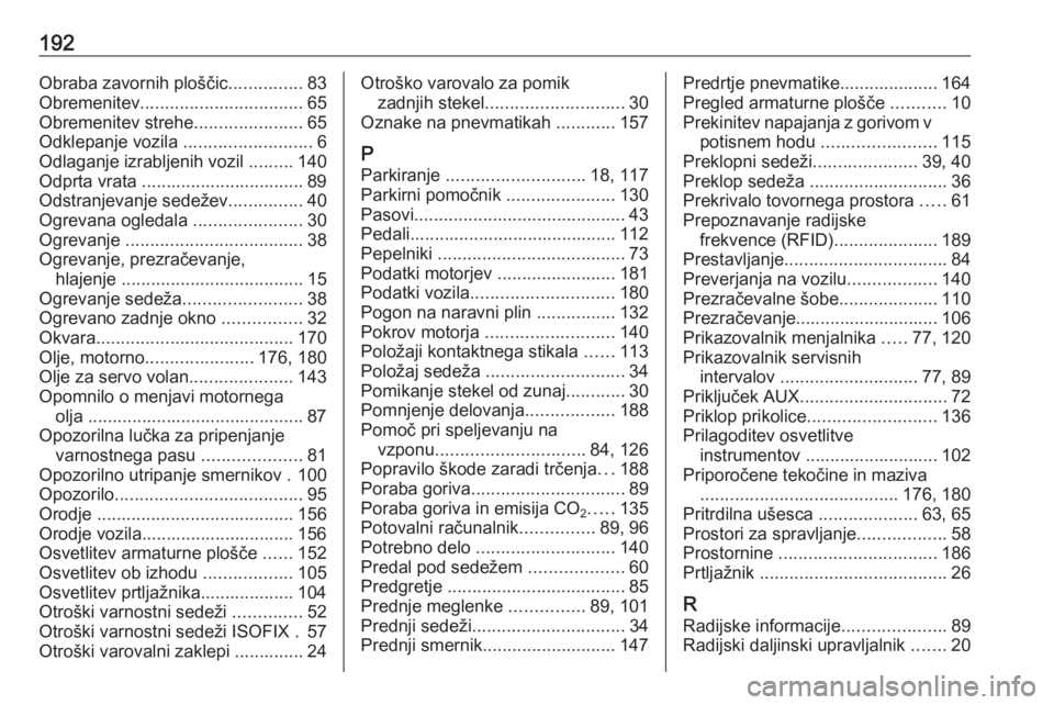 OPEL COMBO 2017  Uporabniški priročnik 192Obraba zavornih ploščic...............83
Obremenitev ................................. 65
Obremenitev strehe ......................65
Odklepanje vozila  ..........................6
Odlaganje izra