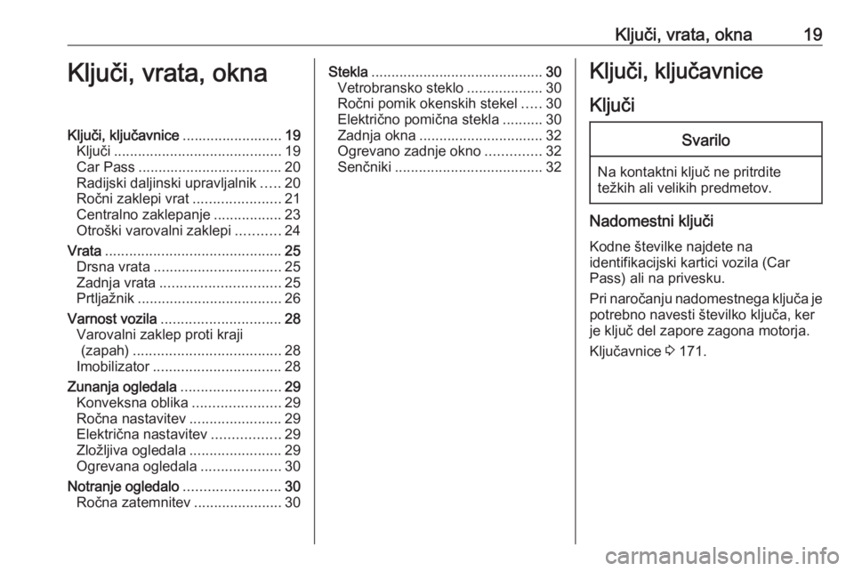 OPEL COMBO 2017  Uporabniški priročnik Ključi, vrata, okna19Ključi, vrata, oknaKljuči, ključavnice.........................19
Ključi .......................................... 19
Car Pass .................................... 20
Radijs