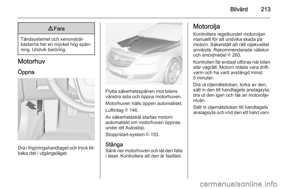 OPEL INSIGNIA 2014 Instruktionsbok Bilvård2139Fara
Tändsystemet och xenonstrål‐
kastarna har en mycket hög spän‐
ning. Undvik beröring.
Motorhuv
Öppna
Dra i frigöringshandtaget och tryck till‐ baka det i utgångsläget.
F OPEL INSIGNIA 2014 Instruktionsbok Bilvård2139Fara
Tändsystemet och xenonstrål‐
kastarna har en mycket hög spän‐
ning. Undvik beröring.
Motorhuv
Öppna
Dra i frigöringshandtaget och tryck till‐ baka det i utgångsläget.
F