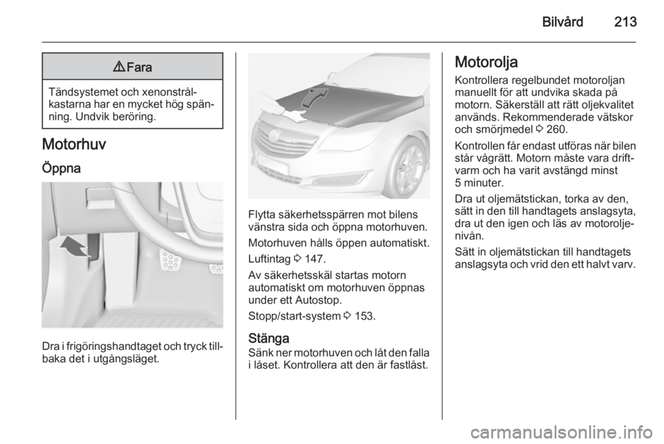 OPEL INSIGNIA 2014.5 Instruktionsbok Bilvård2139Fara
Tändsystemet och xenonstrål‐
kastarna har en mycket hög spän‐
ning. Undvik beröring.
Motorhuv
Öppna
Dra i frigöringshandtaget och tryck till‐ baka det i utgångsläget.
F OPEL INSIGNIA 2014.5 Instruktionsbok Bilvård2139Fara
Tändsystemet och xenonstrål‐
kastarna har en mycket hög spän‐
ning. Undvik beröring.
Motorhuv
Öppna
Dra i frigöringshandtaget och tryck till‐ baka det i utgångsläget.
F