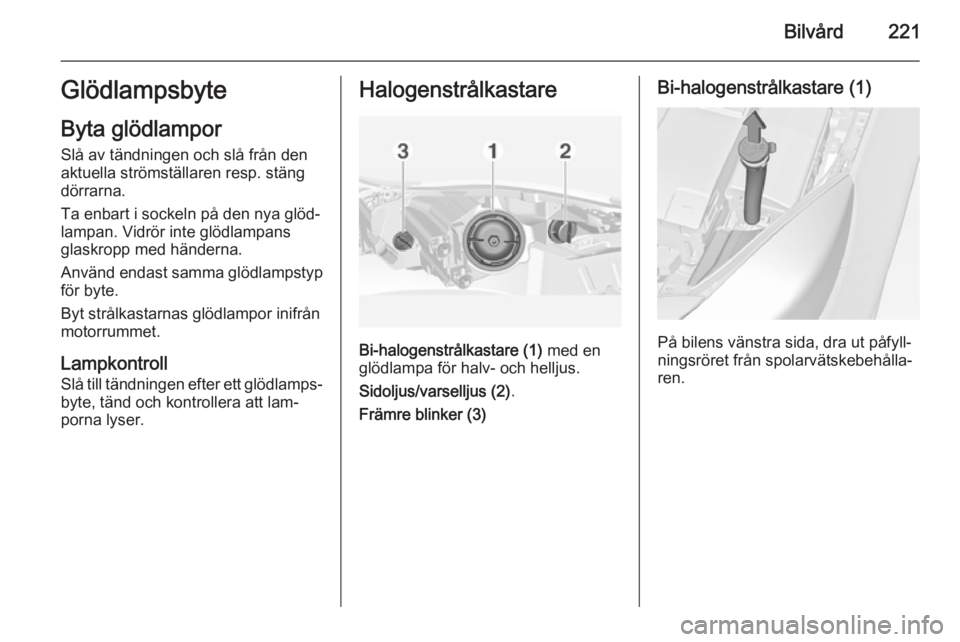OPEL INSIGNIA 2014.5  Instruktionsbok Bilvård221Glödlampsbyte
Byta glödlampor Slå av tändningen och slå från den
aktuella strömställaren resp. stäng
dörrarna.
Ta enbart i sockeln på den nya glöd‐
lampan. Vidrör inte glödl