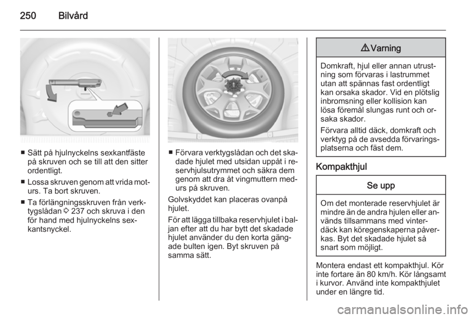 OPEL INSIGNIA 2014.5 Instruktionsbok 250Bilvård
■ Sätt på hjulnyckelns sexkantfästepå skruven och se till att den sitter
ordentligt.
■ Lossa skruven genom att vrida mot‐
urs. Ta bort skruven.
■ Ta förlängningsskruven från OPEL INSIGNIA 2014.5 Instruktionsbok 250Bilvård
■ Sätt på hjulnyckelns sexkantfästepå skruven och se till att den sitter
ordentligt.
■ Lossa skruven genom att vrida mot‐
urs. Ta bort skruven.
■ Ta förlängningsskruven från