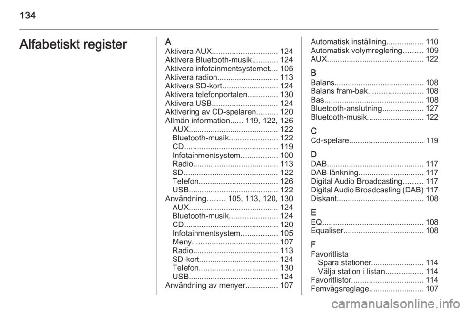 OPEL INSIGNIA 2015  Handbok för infotainmentsystem 134Alfabetiskt registerAAktivera AUX .............................. 124
Aktivera Bluetooth-musik ............124
Aktivera infotainmentsystemet.... 105
Aktivera radion............................ 113
A