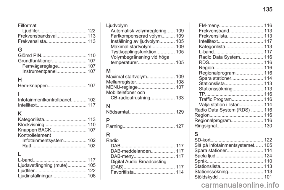 OPEL INSIGNIA 2015  Handbok för infotainmentsystem 135
FilformatLjudfiler.................................... 122
Frekvensbandsval ......................113
Frekvenslista .............................. 113
G Glömd PIN ................................
