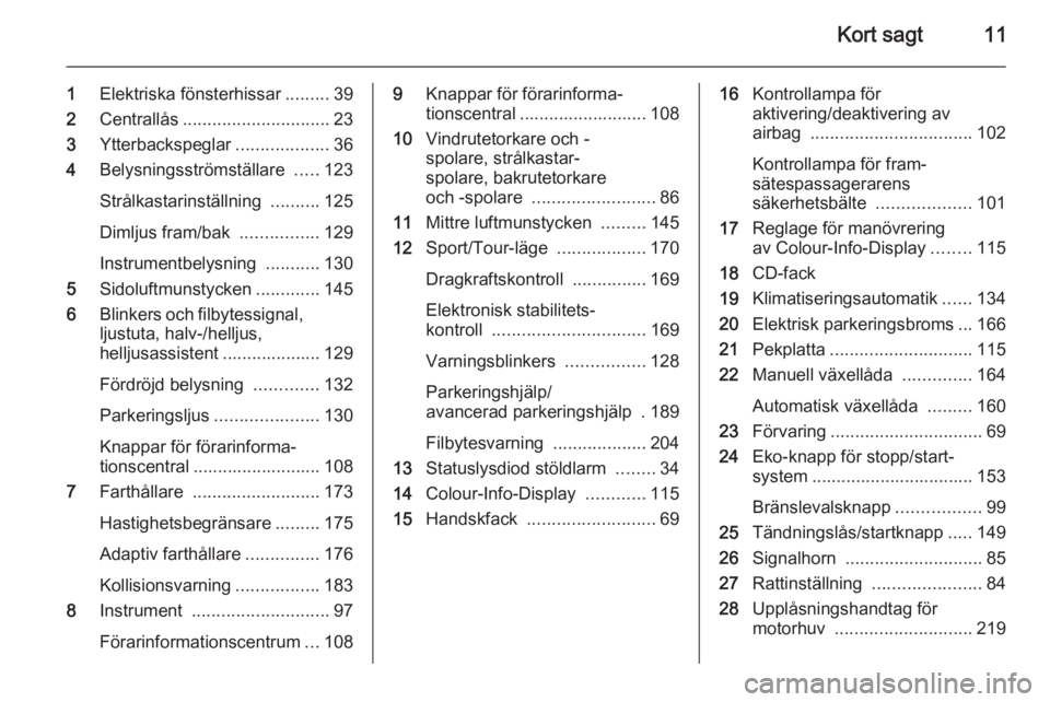 OPEL INSIGNIA 2015.5  Instruktionsbok Kort sagt11
1Elektriska fönsterhissar .........39
2 Centrallås .............................. 23
3 Ytterbackspeglar ...................36
4 Belysningsströmställare  .....123
Strålkastarinställni