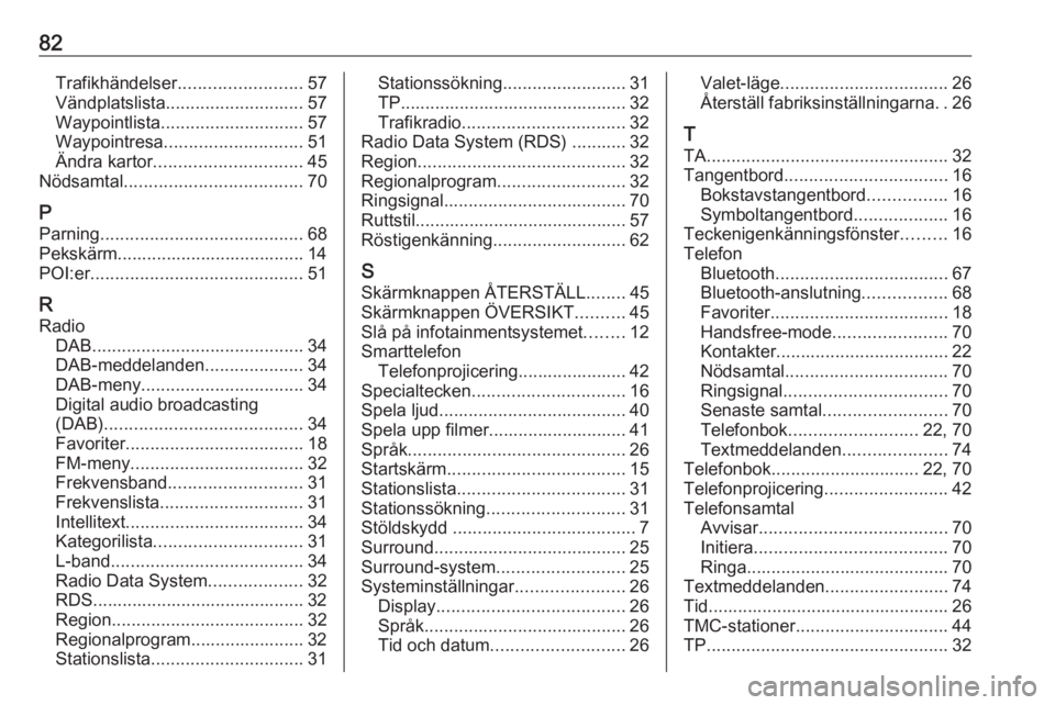 OPEL INSIGNIA 2016  Handbok för infotainmentsystem 82Trafikhändelser......................... 57
Vändplatslista ............................ 57
Waypointlista ............................. 57
Waypointresa ............................ 51
Ändra kartor
