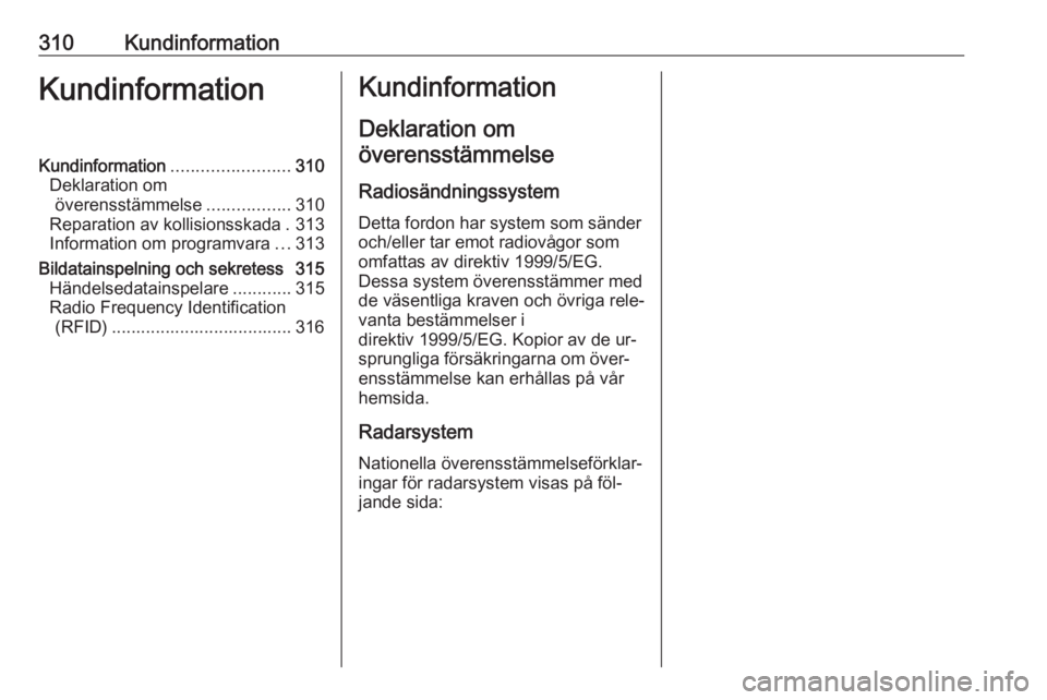OPEL INSIGNIA 2016 Instruktionsbok 310KundinformationKundinformationKundinformation........................310
Deklaration om överensstämmelse .................310
Reparation av kollisionsskada . 313
Information om programvara ...313 OPEL INSIGNIA 2016 Instruktionsbok 310KundinformationKundinformationKundinformation........................310
Deklaration om överensstämmelse .................310
Reparation av kollisionsskada . 313
Information om programvara ...313