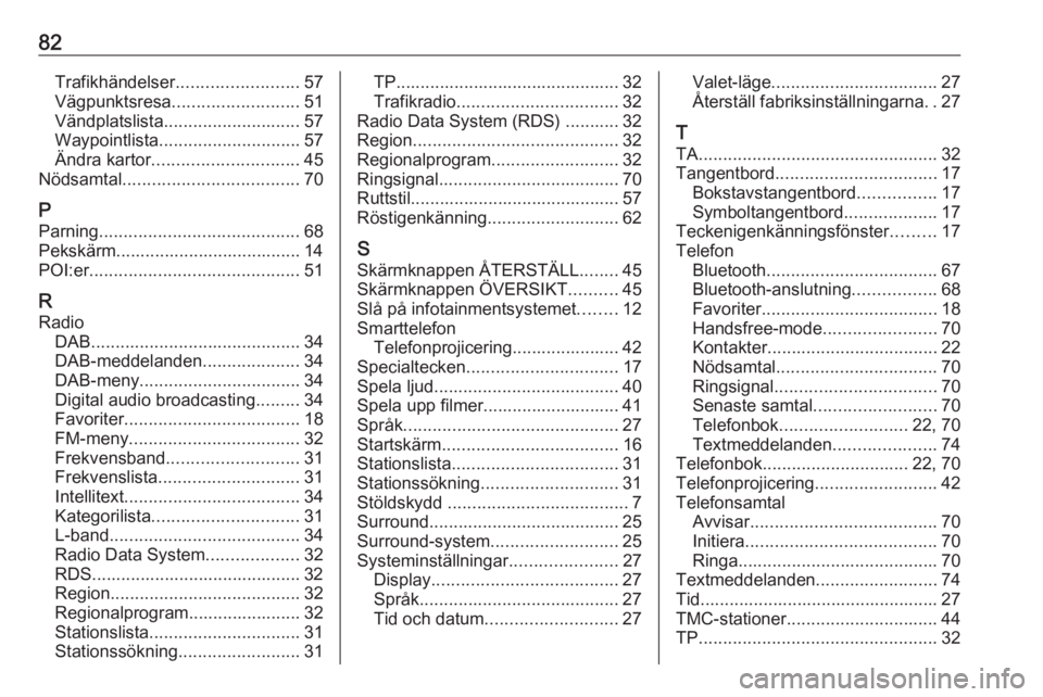 OPEL INSIGNIA 2016.5  Handbok för infotainmentsystem 82Trafikhändelser......................... 57
Vägpunktsresa .......................... 51
Vändplatslista ............................ 57
Waypointlista ............................. 57
Ändra kartor