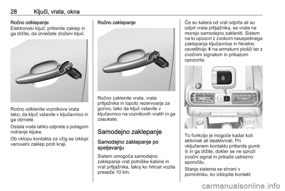 OPEL COMBO E 2020  Uporabniški priročnik 28Ključi, vrata, oknaRočno odklepanje
Elektronski ključ: pritisnite zaklep in
ga držite, da izvlečete zloženi ključ.
Ročno odklenite voznikova vrata
tako, da ključ vstavite v ključavnico in

