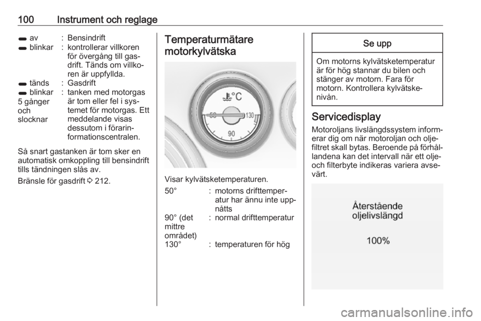 OPEL INSIGNIA 2016.5 Instruktionsbok 100Instrument och reglage1 av:Bensindrift1 blinkar:kontrollerar villkoren
för övergång till gas‐
drift. Tänds om villko‐
ren är uppfyllda.1 tänds:Gasdrift1 blinkar
5 gånger
och
slocknar:ta OPEL INSIGNIA 2016.5 Instruktionsbok 100Instrument och reglage1 av:Bensindrift1 blinkar:kontrollerar villkoren
för övergång till gas‐
drift. Tänds om villko‐
ren är uppfyllda.1 tänds:Gasdrift1 blinkar
5 gånger
och
slocknar:ta